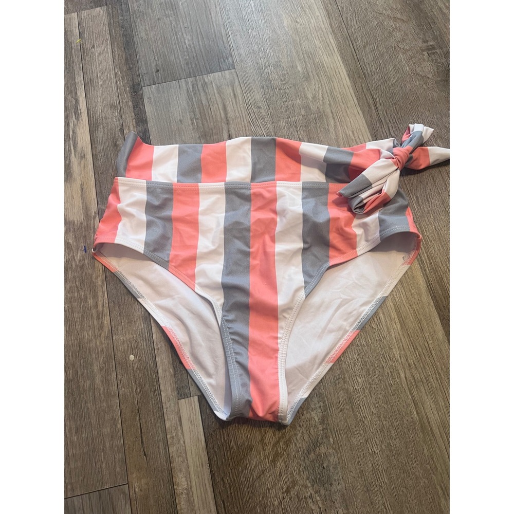 Womens Bikini Bottom High Waisted Striped Pink Grey White Size Medium